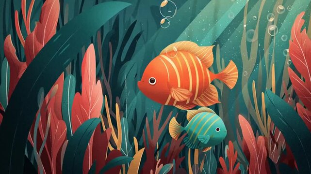 Cartoon illustration of two fish swimming in an underwater scene with plants and sunlight.