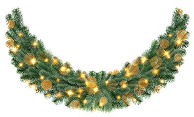 Christmas garland of fir tree branches with cones and lights on white background. Festive decoration