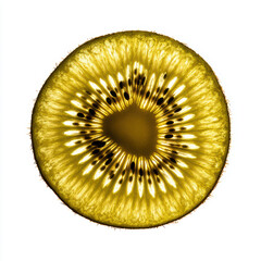 Closeup backlit slice of a golden kiwi fruit showing its vibrant yellow flesh and dark seeds, isolated on white background