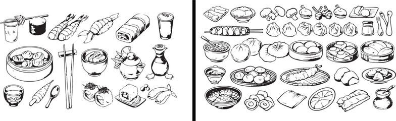 Japanese Cuisine Illustration, Sushi Line Drawing, Hand Drawn Japanese Food Vector, Minimal Oriental Artwork, Delicious Sushi Design, Black and White Cuisine Art, Elegant Asian Food Illustration, Trad