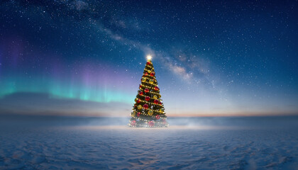 Majestic Christmas Tree with Decoration Under Aurora and Milky Way Landscape