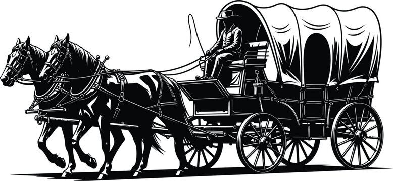 Silhouette of a covered wagon pulled by two horses