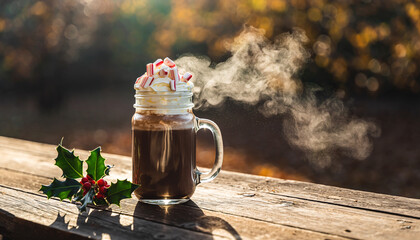 Warm and Sweet Holiday Hot Chocolate Beverage Drink in Mason Jar