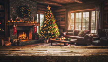 Rustic Wooden Table in Cozy Christmas Decorated Cabin Interior Scene