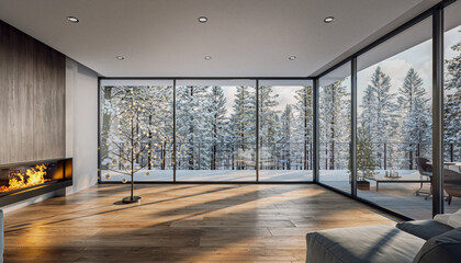 Modern Interior Design with Winter Forest View and Christmas Tree Decoration
