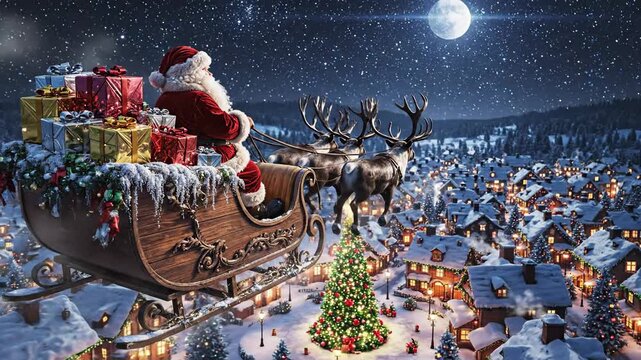 Magical Santa Claus sleigh ride over a twinkling snow-covered village under a starry night sky with a full moon, delivering gifts to children