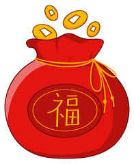 Red money bag filled with Chinese gold coins symbolizing wealth, prosperity, and blessings.