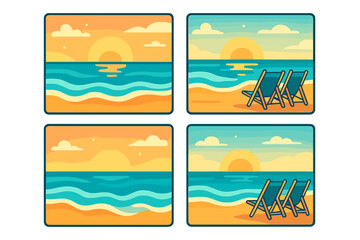 Four stylized beach scenes featuring ocean waves, sandy shore, and sunset or sunrise views