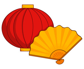 Red Chinese lantern with golden folding fan symbolizing prosperity, culture, and elegance.