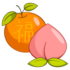 Orange and peach together symbolizing fortune, longevity, and prosperity for Chinese New Year.