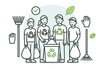 Diverse volunteers cleaning up community park using recycling bins and tools