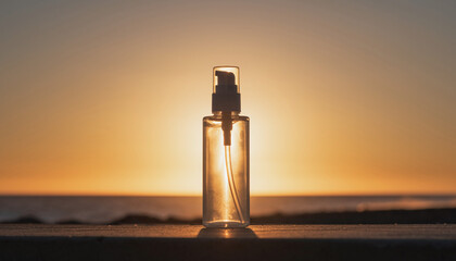 Clear Bottle With Pump Dispenser and Sunset Background Beauty Product