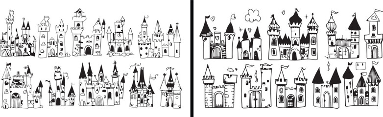 Fototapeta premium Castle Illustration Drawing, Medieval Palace Art, Hand Drawn Castle Vector, Historic Architecture Design, Ancient Building Sketch, Fairytale Palace Illustration, Black and White Castle Art, Decorative