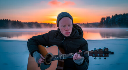 Solitary Serenade: A musician with focused eyes, plays a guitar, surrounded by a winter scene during a captivating sunset. 