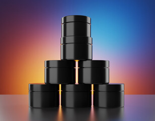 Elegant Studio Shot of Stacked Black Cosmetic Jars on Gradient Background