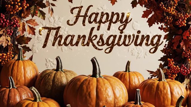 Festive thanksgiving display with pumpkins and autumn foliage arranged under a happy thanksgiving message on a textured background happy thanksgiving