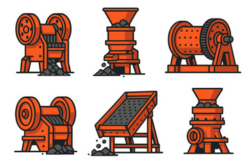 Heavy industrial machinery including rock crushers, ball mills, and screening equipment for mining