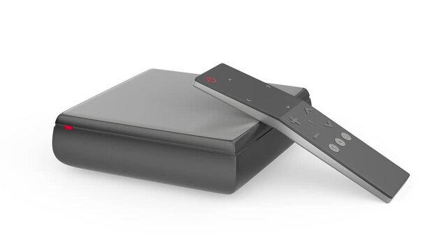 Streaming media player with remote control on white background