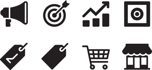 Marketing business e-commerce flat icon set with strategy growth
