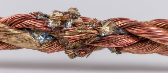 Close-up of a damaged and frayed copper wire rope.