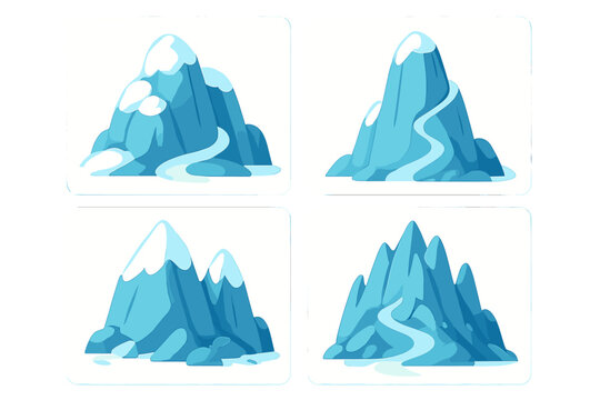 Collection of four distinct stylized icy mountain peaks featuring snow caps and winding paths