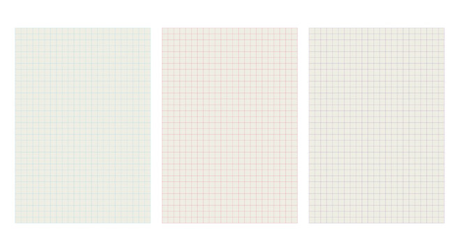 Set of Three Graph Paper Sheets, Notebook Page, Grid Background, Vector Illustration, Blue, Pink and Light Gray Colors, A4 Format, Design Template