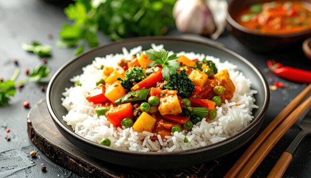 A vibrant bowl of vegetable curry with rice, garnished with parsley, accompanied by chopsticks and chili peppers, suggesting a flavorful meal.