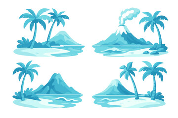 Obraz premium Monochromatic tropical island landscapes with palm trees, ocean waves, and volcanoes