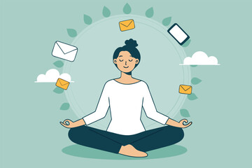 Person meditating serenely amidst a chaotic digital storm of phone notifications, highlighting the struggle for inner peace.