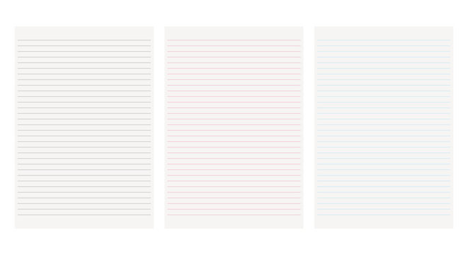 Set of Three Notebook Pages with Horizontal Lines, Vector Illustration, Gray, Pink and Blue Colors, A4 Format, Design Template for Notes and Sketches