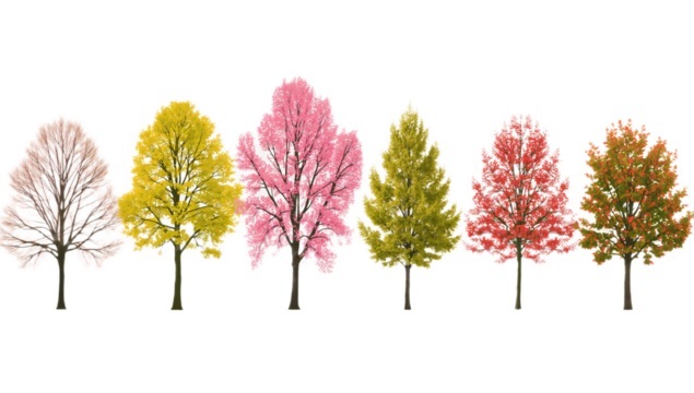 A vibrant collection of six trees illustrating the progression of the four seasons with colorful foliage isolated on a white background