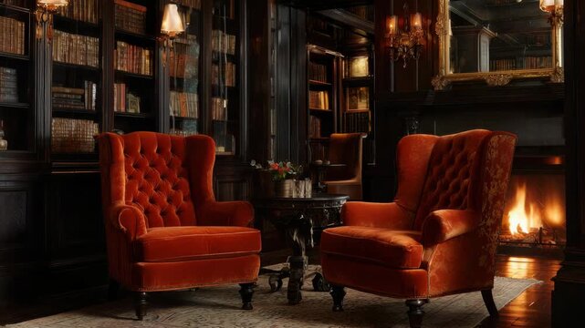 Luxurious library interior with two plush orange velvet armchairs facing a roaring fireplace and floor to ceiling bookshelves filled with leather bound volumes illuminated by
