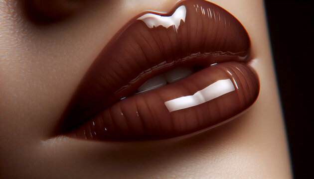 A glossy brown lipstick application, Ai generated image
