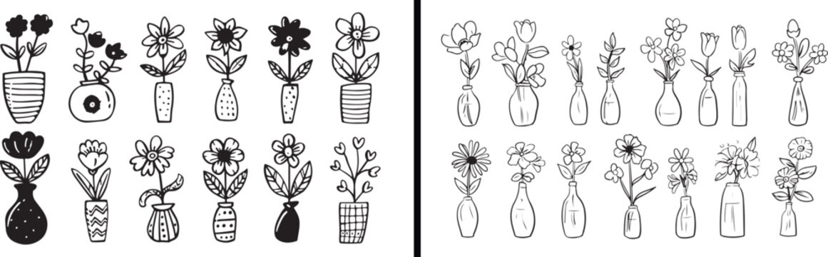 Flower Pot Illustration, Botanical Line Art, Potted Plant Drawing, Hand Drawn Flower Sketch, Minimal Botanical Vector, Creative Floral Artwork, Black and White Plant Design, Elegant Botanical Illustra