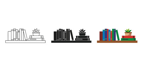 Minimalist Bookshelf Illustration Vector Set in Three Styles — Line Art, Silhouette and Color Version with Books and Potted Plant Ideal for Backgrounds and Creative Designs