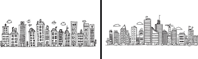 Obraz premium building doodle art, urban architecture vector, real estate design sketch, construction line artwork, city skyline illustration, modern building drawing, creative architecture design, black white bui