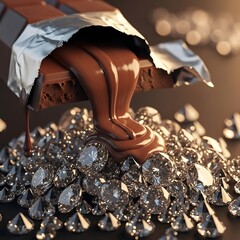 A close-up of a chocolate bar melting over a bed of sparkling diamonds, creating a luxurious and indulgent visual effect with warm lighting