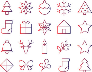 Scandinavian geometric christmas icons featuring tree, star, ornament, snowflake, stocking, gift, house, bell, deer, candle, branch, bow