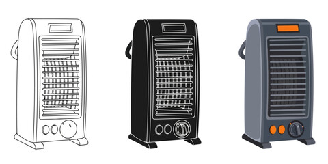 Portable Space Heater Vector Set in Three Styles — Line Art, Silhouette and Color Version for Home Heating and Comfortable Living Style Concept