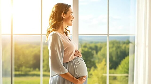 A joyful pregnant woman looking out the window, embracing motherhood.