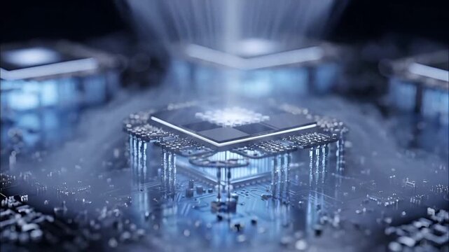 Close up of glowing quantum processor unit generating cooling mist from motherboard