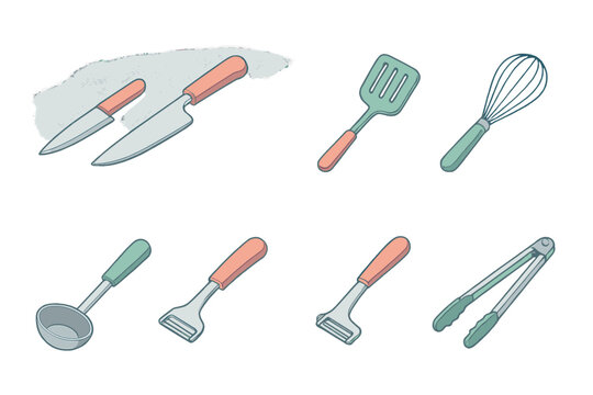 Essential kitchen utensils set featuring chef knives, spatula, whisk, ladle, and serving tongs