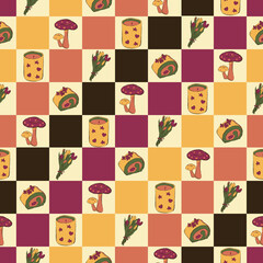 A seamless repeating pattern featuring whimsical illustrations of mushrooms candles flower bouquets and swiss roll dessert against a checkered background in autumnal colors