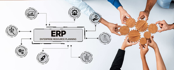 Diverse hands gather around an interactive diagram highlighting ERP components, emphasizing teamwork and collaboration in effective resource planning strategies. Trope