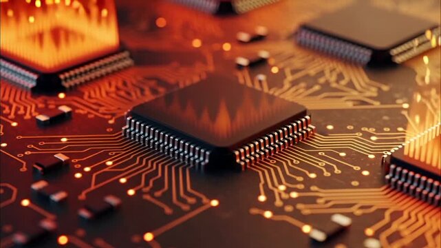 Close up of overheated central processing unit chip on motherboard generating fire