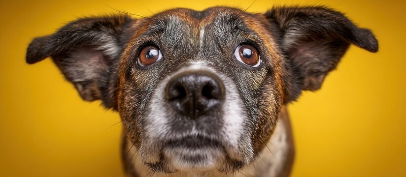 Close-up of a dog with big ears and expressive eyes against a yellow background.