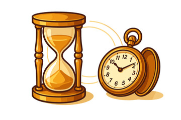 Classic golden hourglass timer with flowing sand next to an open antique pocket watch