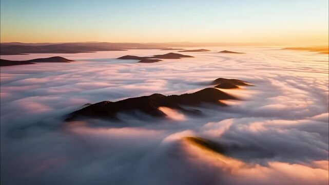 Aerial view of mountain peaks poking through thick white cloud inversion at sunrise