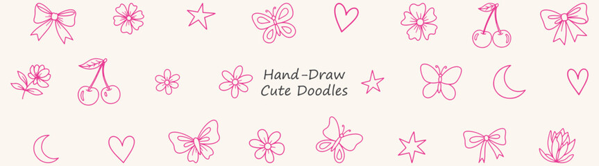 Pink Doodle Dreamscape Whimsical Bows Cherries Butterflies Hearts Stars Flowers Moons in a Hand Drawn Cute Vector Design