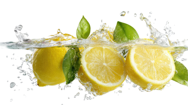 Fresh yellow lemons with green leaves splashing in clear water creating dynamic motion and vibrant detail isolated on white background